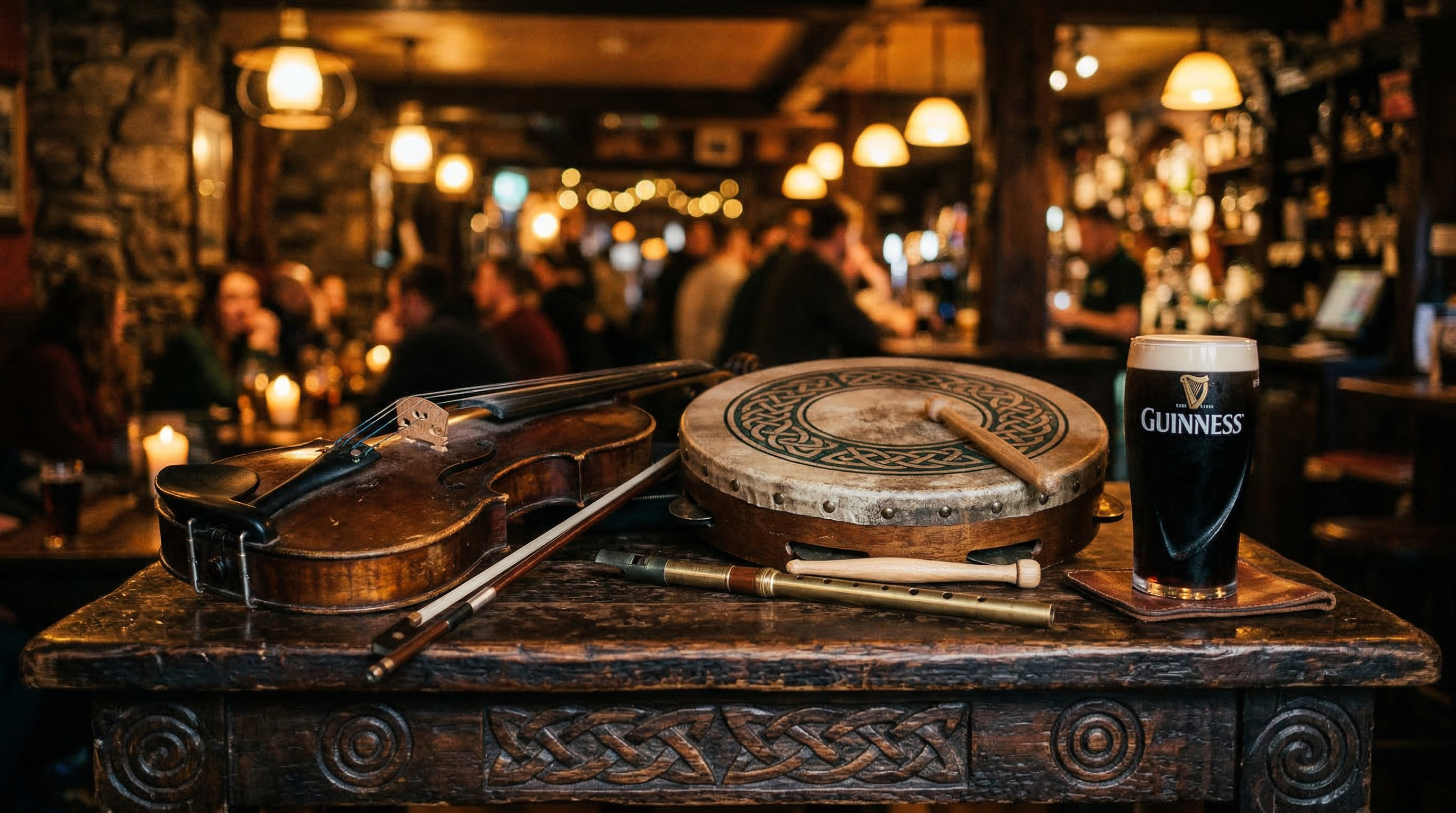 Celtic folk instruments — fiddle, bodhran drum, tin whistle and pint of Guinness